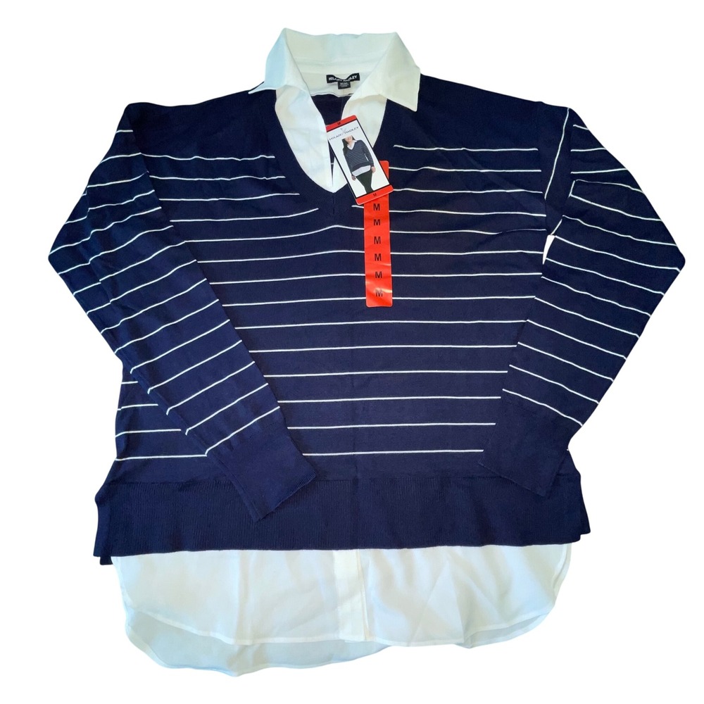 Hilary Radley Womens‎ Medium M Striped V Neck Pullover Sweater Shirt Collar